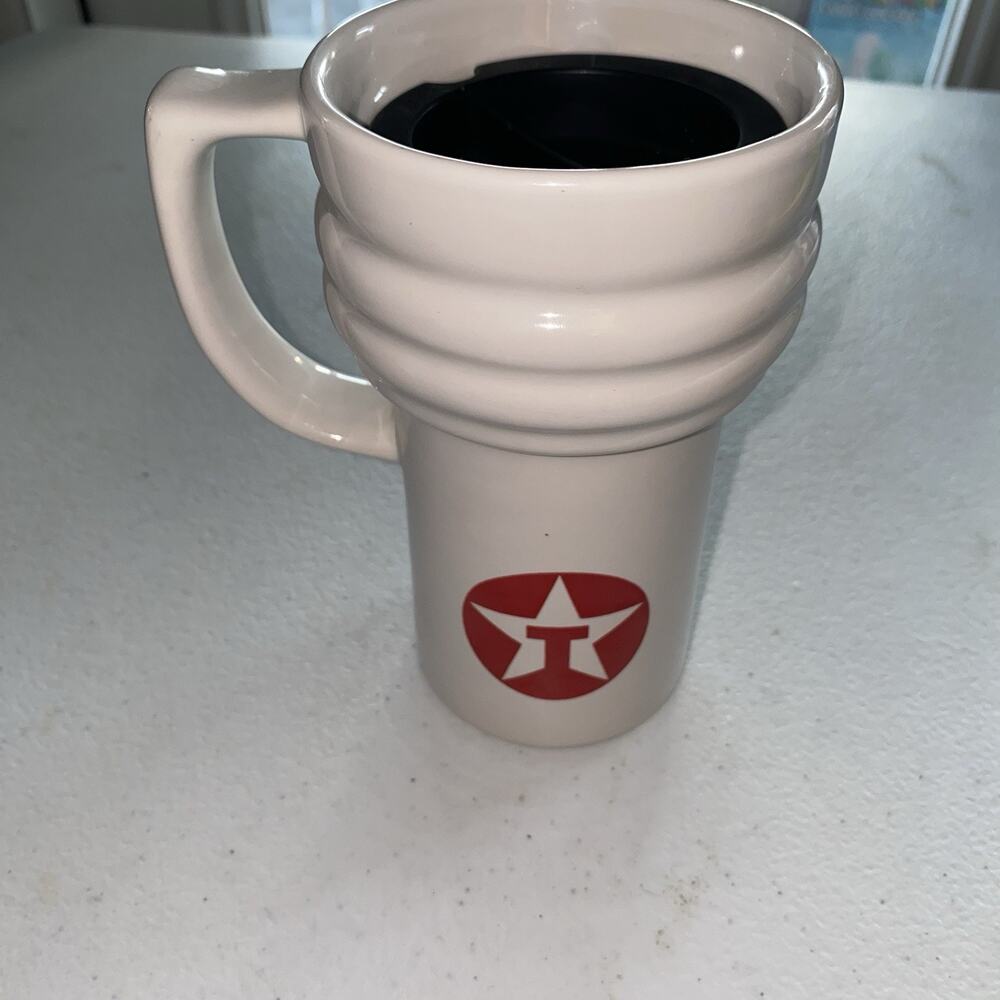Vintage Texaco Gasoline Ceramic Travel Coffee Mug Cup Ribbed With Lid